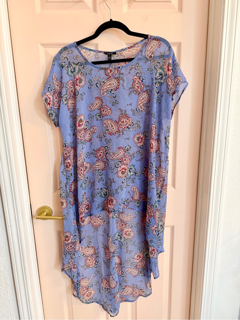 Blue paisley AUW hi-low semi sheer top